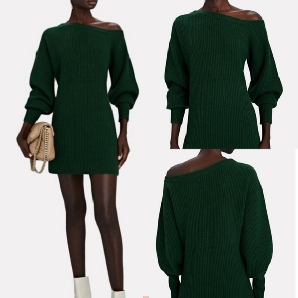 Intermix Small Green Wool Cashmere Off Shoulder Puff Sleeve Mini Dress - Picture 1 of 8